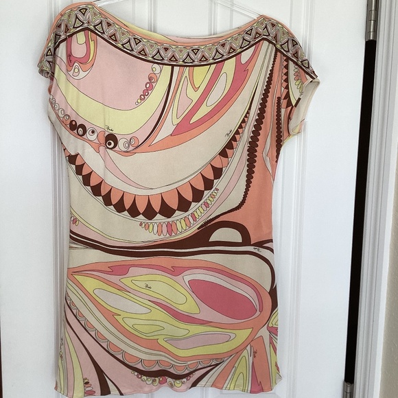 Emilio Pucci Firenze 100% silk jersey tunic top cap sleeves yellow pink abstract - Picture 11 of 11